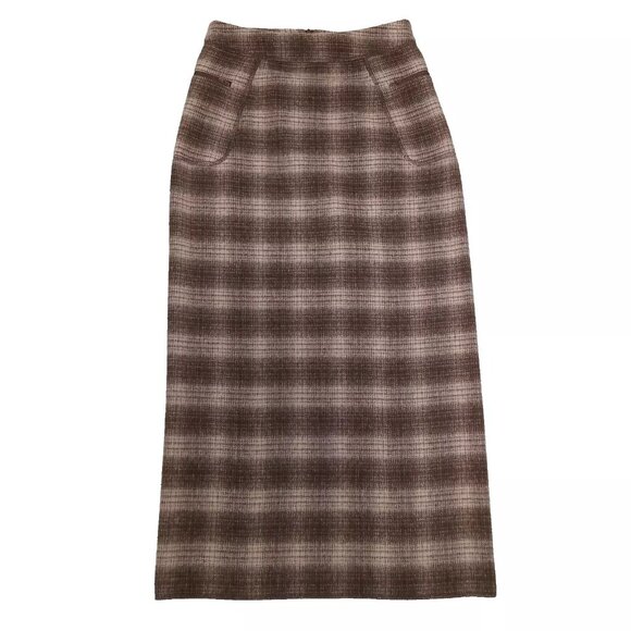 Vintage Womens Plaid Midi Skirt Brown Wool Check Cottagecore Preppy Classic Sz 2 - Picture 1 of 7